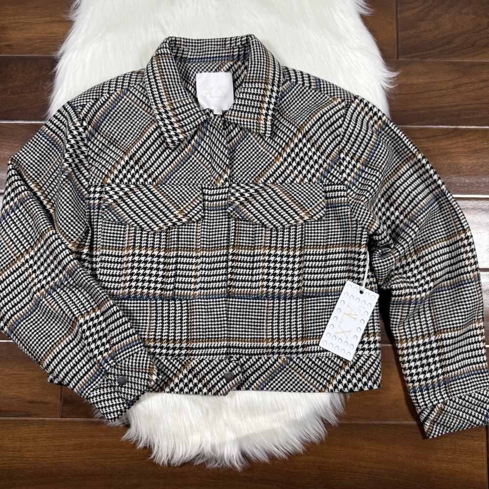Le' AL.X Women's Size XL Glen Plaid Houndstooth‎ Cropped Jacket Blazer